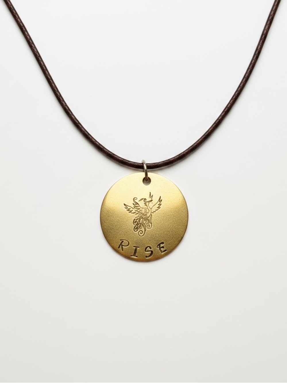 Handmade motivational pheonix brass gold Round Pendant brown leather Necklace